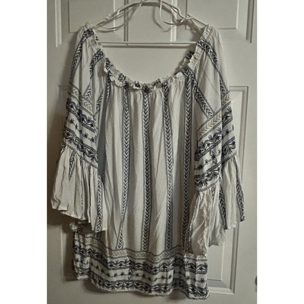 ELAN White With Blue Peasant Style Shirt Flounce Sleeve Elastic Neckline O/S - Picture 2 of 9